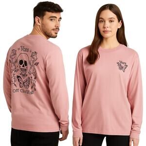 Vans Unisex Long Sleeve Graphic Tee Pink Butterfly Skull Roses Size Large